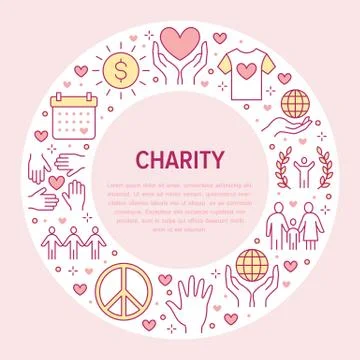 Charity vector circle banner with flat line icons. Donation, nonprofit Stock Illustration