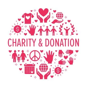 Charity vector circle banner with flat silhouette icons. Donation, nonprofit Stock Illustration