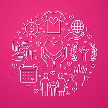 Charity vector circle banner with flat line icons. Donation, nonprofit Illustrazione stock