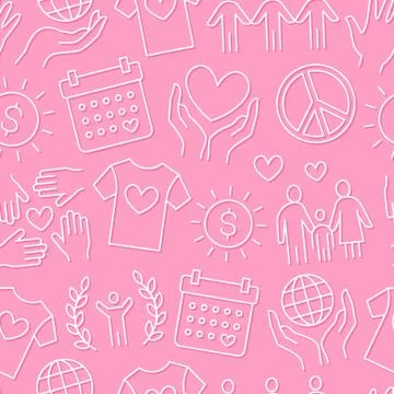 Charity vector seamless pattern with flat line icons. Donation, nonprofit Stock Illustration
