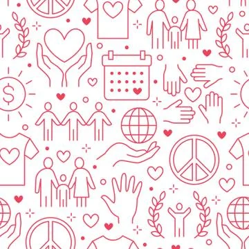 Charity vector seamless pattern with flat line icons. Donation, nonprofit 스톡 일러스트