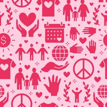 Charity vector seamless pattern with flat silhouette icons. Donation, nonprofit Illustrazione stock