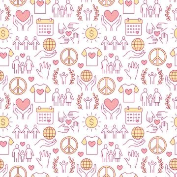 Charity vector seamless pattern with flat line icons. Donation, nonprofit Illustrazione stock