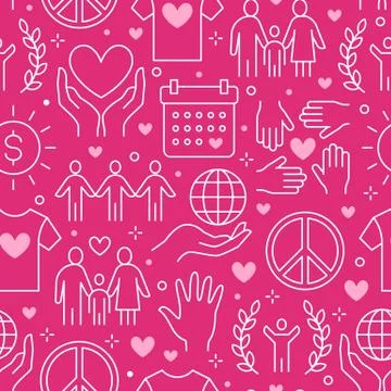 Charity vector seamless pattern with flat line icons. Donation, nonprofit Illustrazione stock