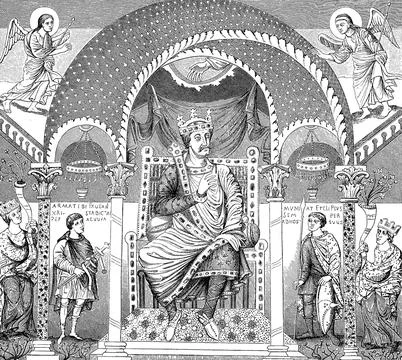 Charles the Bald dedication picture in the Codex aureus of St Emmeram at Illustrazione stock