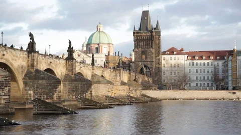 Charles Bridge and the Old Town from the Vlatva River, Prague Stock Footage 70366283
