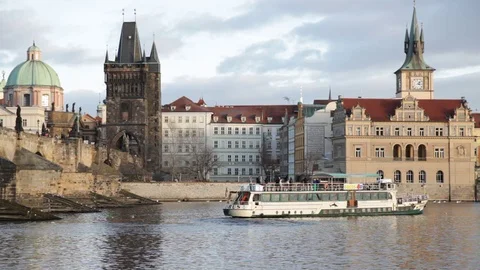 Charles Bridge and the Old Town from the Vlatva River, Prague Stock Footage 70366556