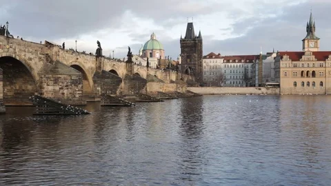 Charles Bridge and the Old Town from the Vlatva River, Prague Stock Footage 70367112