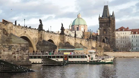 Charles Bridge and the Old Town from the Vlatva River, Prague Stock Footage 70368057