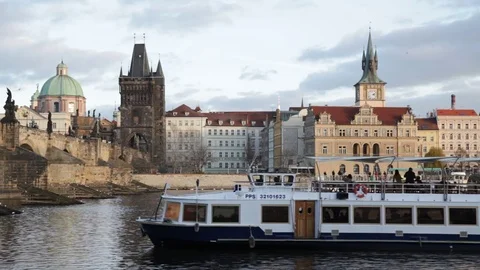 Charles Bridge and the Old Town from the Vlatva River, Prague Stock Footage 70369523