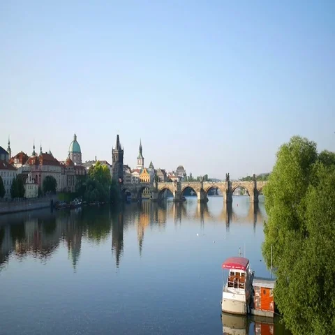 Charles bridge and Vltava river at early morning in Prague Stock Footage 69602013