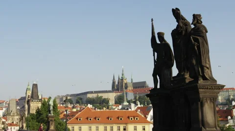 Charles Bridge Castle Statues Flock Birds - 4k - Slow motion Stock Footage 60440348