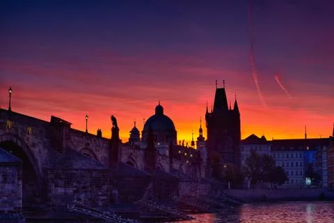Charles bridge before dawn Stock Photos