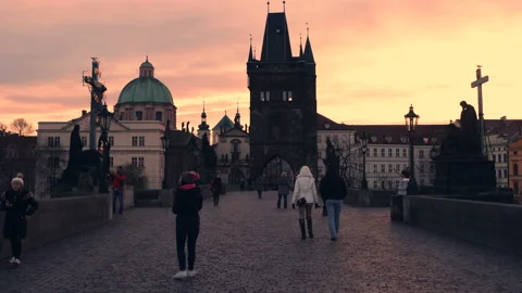 Charles Bridge during sunrise Stock Footage 132328281
