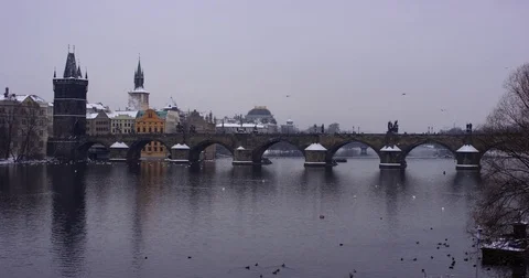 Charles Bridge in the Old Town, viewed from the Vlatva River, Prague slow motion Stock Footage 71613390