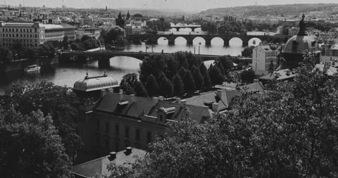 Charles Bridge in Prague – Black and White Timelapse with Vintage Film Effects Stock Footage 342858739