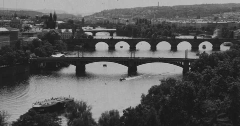 Charles Bridge in Prague – Black and White Timelapse with Vintage Film Effects Stock Footage 342858825