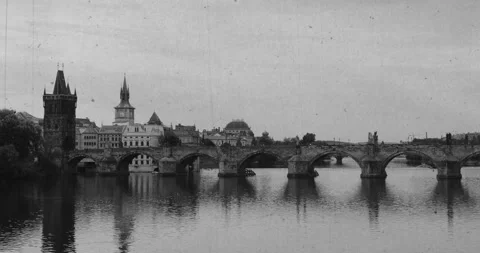 Charles Bridge in Prague – Black and White Timelapse with Vintage Film Effects Stock Footage 342860009