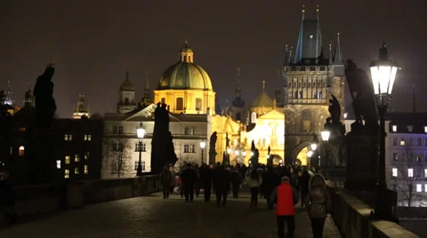 Charles Bridge  in Prague Czech Republic at night Stock Footage 37655720