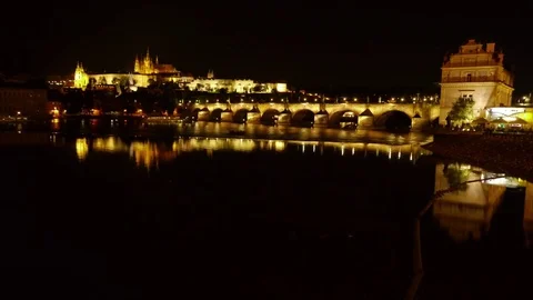 Charles Bridge in Prague at Night Stock Footage 82749811