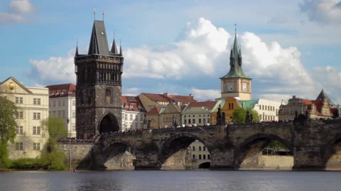 Charles Bridge in Prague over the Vltava River Stock Footage 144289658