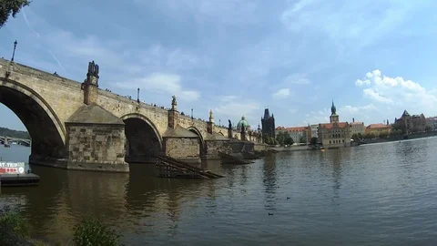  Charles Bridge in Prague on the Vltava River Stock Footage 93713253