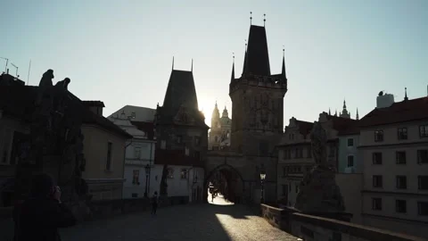 Charles Bridge Towers in sunset Stock Footage 144454039