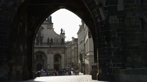 Charles Bridge Under Tower - 4k - Slow motion Stock Footage 60443249