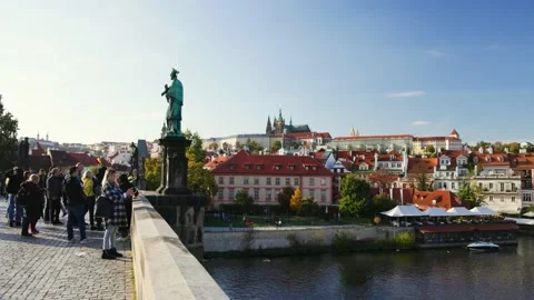 On the Charles Bridge with view of the Royal Castle Stock Footage 223251084