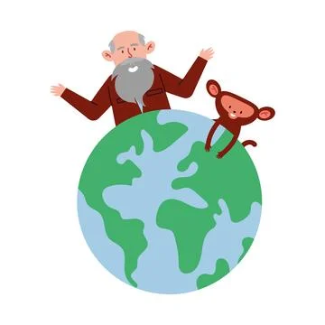 Charles darwin with a monkey on top of the world Stock Illustration