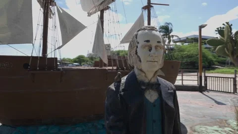 Charles Darwin monument in Puerto Baquerizo Moreno, San Cristobal Island Stock Footage 310008656