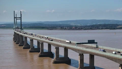 Charles III bridge taking the M4 between England and Wales. Wide aerial shot Stock Footage 311588209