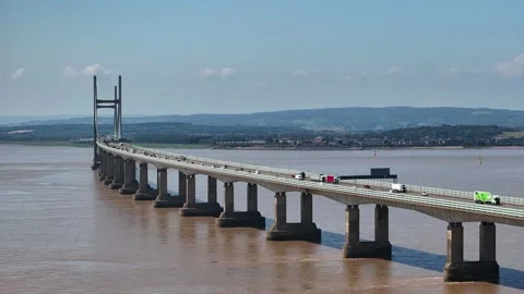 Charles III bridge taking the M4 between England and Wales. Wide aerial shot Stock Footage 311588519