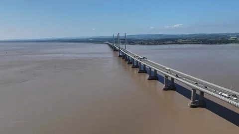 Charles III bridge taking the M4 between England and Wales. Wide aerial shot Stock Footage 311589102