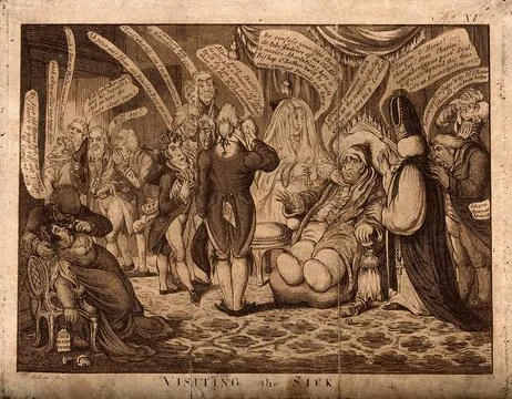 Charles James Fox, dangerously ill, visited by an entourage of interested f.. Stock Illustration