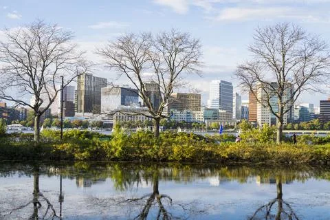 Charles River Esplanade in Boston with reflection of trees in the water Stock Photos