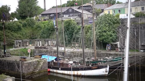 Charles town St Austell, Cornwall, England. Inner harbour with tall ships Stock Footage 134195461