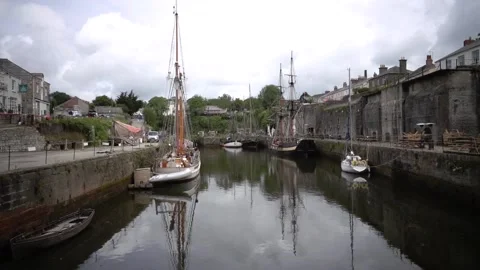 Charles town St Austell, Cornwall, England. Inner harbour with tall ships Stock Footage 134195503