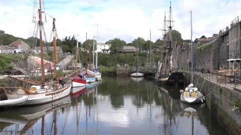 Charles town St Austell, Cornwall, England. Inner harbour with tall ships Stock Footage 134195568