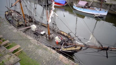 Charles town St Austell, Cornwall, England. Inner harbour with tall ships Stock Footage 134195769