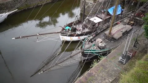 Charles town St Austell, Cornwall, England. Inner harbour with tall ships Stock Footage 134195928