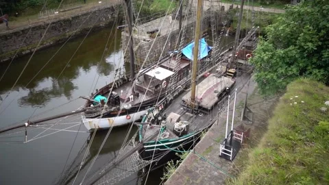 Charles town St Austell, Cornwall, England. Inner harbour with tall ships Stock Footage 134196068