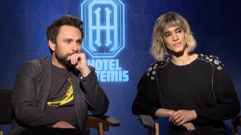 Charlie Day and Sofia Boutella interviewed for movie 'Hotel Artemis' at junket Stock Footage 101204561