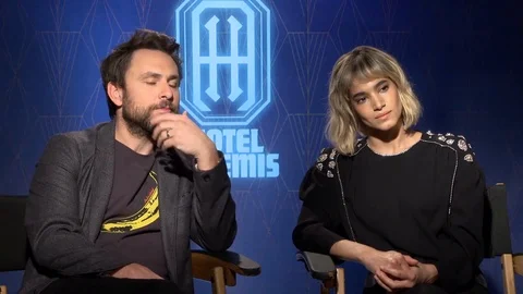 Charlie Day and Sofia Boutella interviewed for movie 'Hotel Artemis' at junket Video stock 101204578