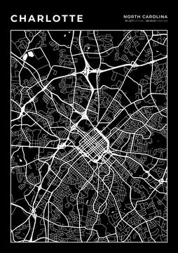 Charlotte Map Wall Art Frame, Cartography Map Print, City Layout Map Stock Illustration