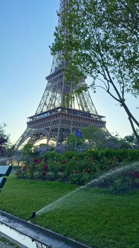 Charming and beautiful Eiffel Tower on a moody late summer day, Paris Stock Footage 340161109