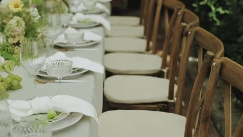 Charming and Elegant Outdoor Dining Table Setting. Wedding decor, banquet decor Stock Footage 306151923