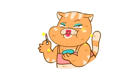 Charming Animated Fat Cat Applying Makeup on White Background Stock Footage 282774472