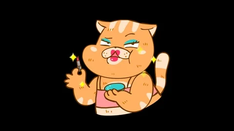 Charming Animated Fat Cat Applying Makeup on Transparent Background Stock Footage 282774493