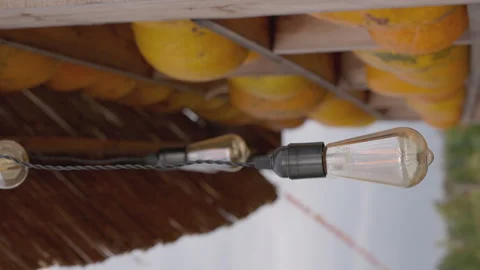 Charming Autumn Ambiance: Glowing String Lights and Cheerful Yellow Pumpkins Stock Footage 318522105